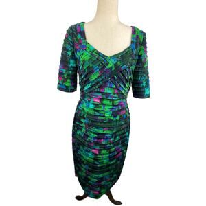 London Times Green Blue Water Color Shutter Pleat Cocktail Dress Size 10 EUC